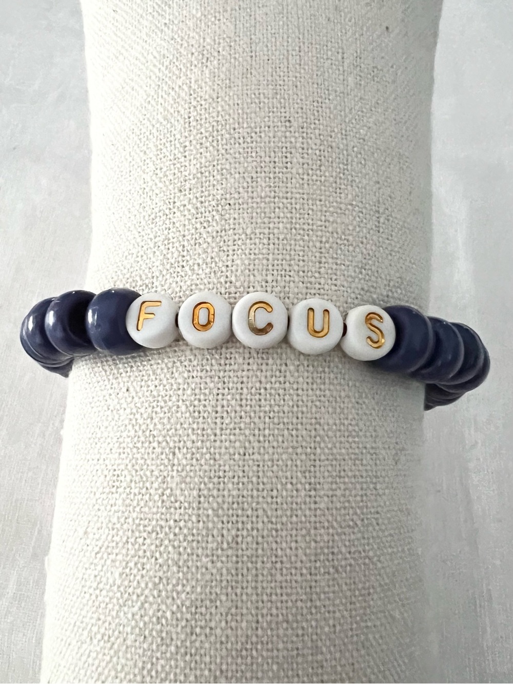 Handmade FOCUS Blue Pony Bead Stretch Bracelet | Motivational Word Bracelet |